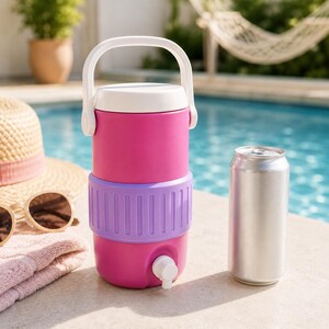 May include: A pink and purple insulated beverage cooler with a white handle and spigot, next to a silver can. The cooler is cylindrical with a white lid and a purple band. A straw hat and sunglasses are in the background.
