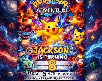 Pokemon Birthday Invitation, Pokemon Party Invite, Kids Card Template, Editable Canva Digital Download