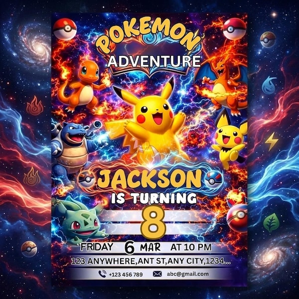 Pokemon Birthday Invitation, Pokemon Party Invite, Kids Card Template, Editable Canva Digital Download