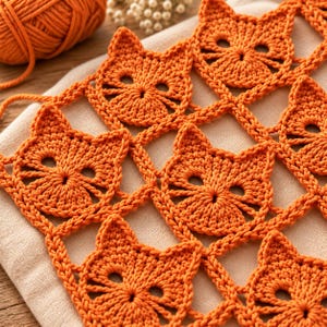 May include: A crochet project featuring a repeating pattern of orange cat faces connected by a lattice of yarn. The cat motifs are circular with pointed ears and open eye sockets, crafted from vibrant orange yarn, laid flat on a light fabric.