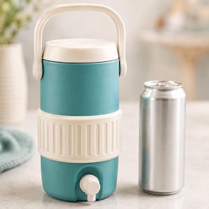 May include: A teal and off-white insulated water cooler with a handle and a spigot. A silver aluminum can is next to the cooler for size comparison. The cooler has a white lid and a white band around the middle.