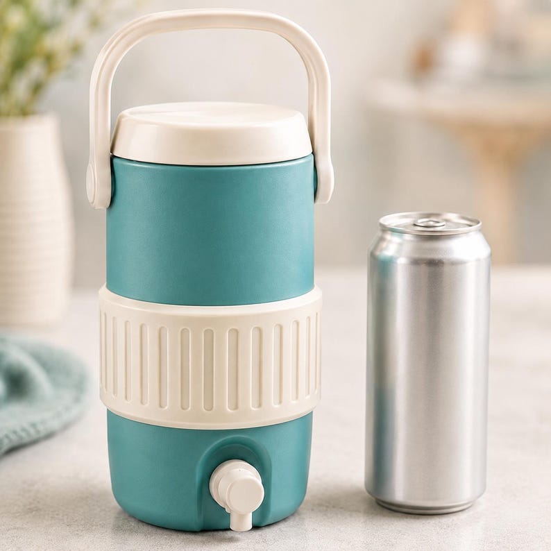 May include: A teal and off-white insulated water cooler with a handle and a spigot. A silver aluminum can is next to the cooler for size comparison. The cooler has a white lid and a white band around the middle.