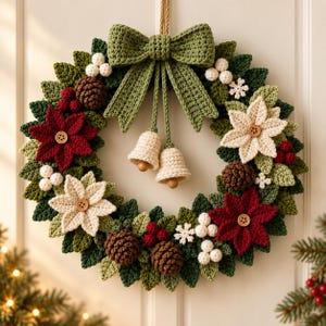 May include: A circular crochet wreath featuring dark and light green leaves, deep red and cream-colored poinsettia flowers with wooden button centers, brown pinecones, white berries, small white snowflakes, and two cream bells hanging from a bow.
