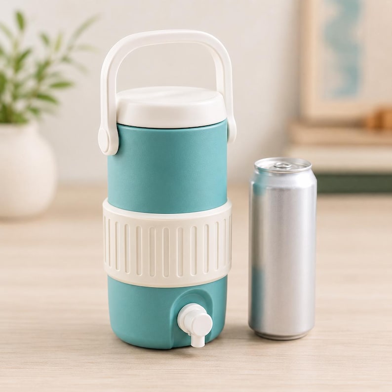 May include: A teal and white water cooler with a white handle and a spigot. The cooler is cylindrical and has a white band around the middle. A silver can is next to the cooler.