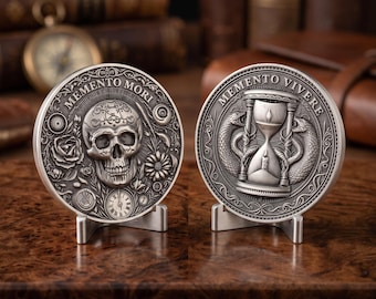 Moneda antigua de plata con calavera Memento Mori, medallón recordatorio diario de serpiente y reloj de arena.
