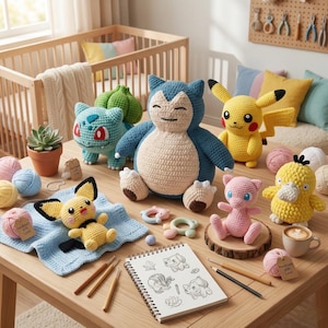 May include: A collection of handmade crochet Pokémon characters, including Pikachu, Snorlax, and Bulbasaur, displayed on a wooden table. The scene includes yarn balls, crochet hooks, and a sketchbook with character sketches. A baby crib is in the background.