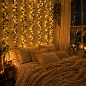 Può includere: Una scena accogliente di una camera da letto con un letto coperto da un morbido piumino e cuscini marroni. La parete è adornata con luci a stringa e edera finta, creando un'atmosfera calda e invitante. Un comodino con una candela e libri.