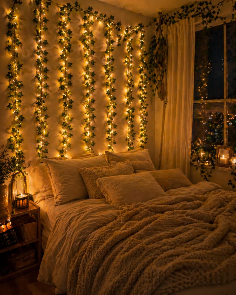 May include: A cozy bedroom scene with a bed covered in a plush, brown comforter and pillows. The wall is adorned with string lights and faux ivy, creating a warm, inviting atmosphere. A nightstand with a candle and books adds to the ambiance.