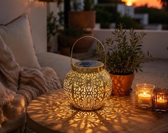 Solar Garden Lantern, Outdoor Hanging Light, Waterproof Moroccan Patio Decor, Warm LED Lantern