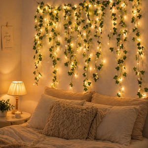 May include: A bedroom scene with a bed covered in beige bedding and pillows. A string of fairy lights with green leaves hangs on the wall above the bed. A small table with a lamp and a candle is next to the bed. The text "Cozy Room Glow" is in the top left corner.