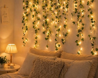 Guirnalda de luces LED con forma de hiedra, funciona con pilas, luces LED de pared, iluminación decorativa para dormitorio, luces de hadas cálidas con caja de pilas.