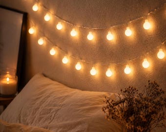 Cozy Bedroom Globe String Lights, Warm White Fairy Lights, Dorm Room Wall Decor, USB Battery Ambient Lighting