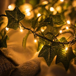 May include: A string of warm white LED lights intertwined with artificial ivy leaves. The leaves are a deep green with detailed veining, creating a natural look. The lights are evenly spaced, providing a soft, ambient glow. Ideal for home decor.