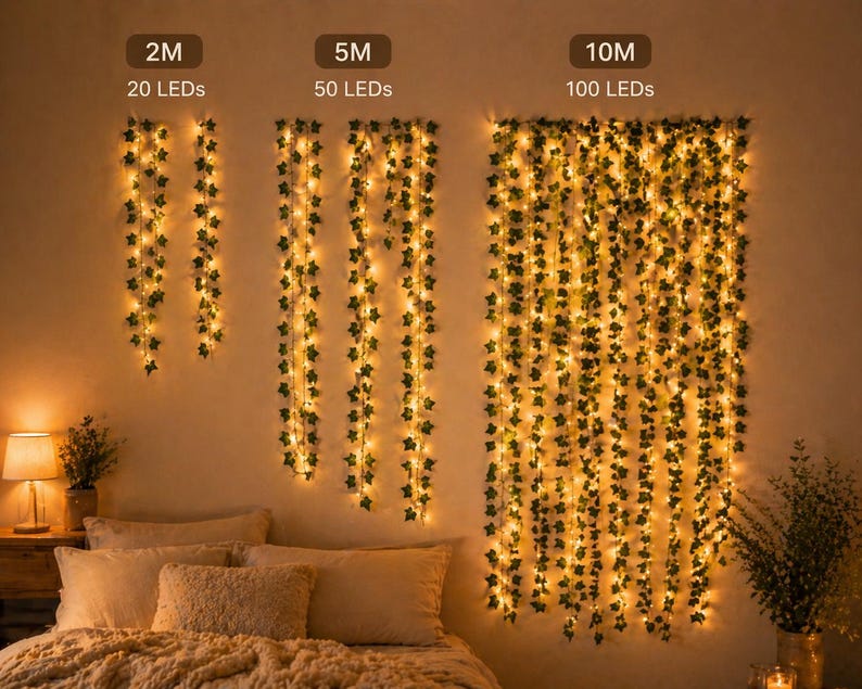 May include: Decorative string lights with green ivy leaves and warm white LED lights. The image shows three different lengths: 2M with 20 LEDs, 5M with 50 LEDs, and 10M with 100 LEDs. The lights are hanging on a wall above a bed.