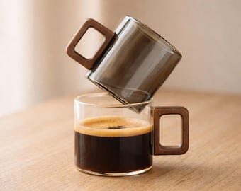 Minimalist Glass Espresso Cup, Walnut Handle, Heat Resistant Tea Mug (120ml)