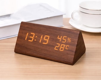 Wooden LED Digital Clock, Temperature Display, Sound Control, Modern Minimalist Desk Clock