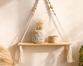 Boho Macrame Hanging Shelf, Floating Wall Shelf for Plants, Rustic Nursery & Bedroom Decor