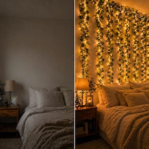 May include: A cozy bedroom scene with a bed covered in soft bedding. A wooden nightstand with a lamp and decor sits beside the bed. The wall is adorned with string lights and faux greenery, creating a warm, inviting atmosphere.