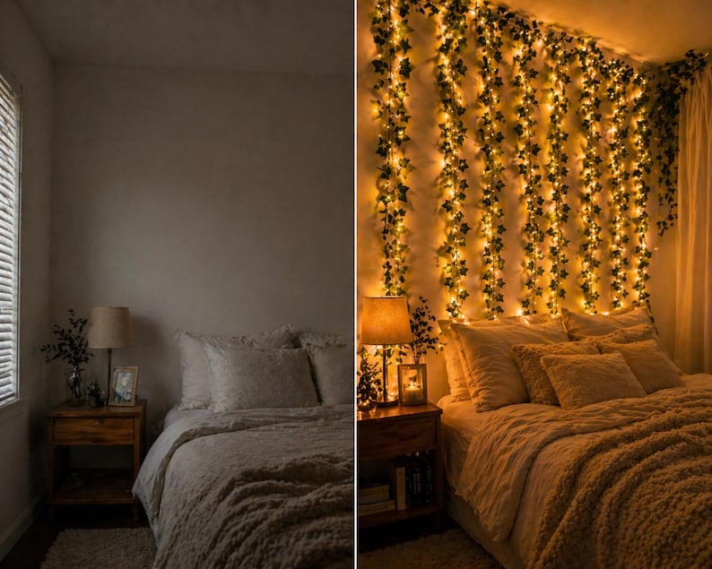 May include: A cozy bedroom scene with a bed covered in soft bedding. A wooden nightstand with a lamp and decor sits beside the bed. The wall is adorned with string lights and faux greenery, creating a warm, inviting atmosphere.