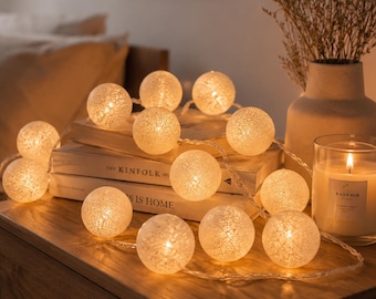 Cotton Ball Fairy Lights, Cozy Bedroom String Lights, USB or Battery Powered, Boho Room Decor, Warm Ambient Lighting