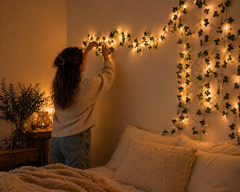 May include: A person decorates a wall with a string of fairy lights and artificial ivy. The warm glow of the lights illuminates the room, creating a cozy atmosphere. The bed is made with white pillows and a soft, textured blanket.