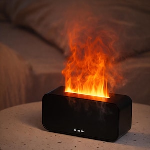 Peut inclure: Un appareil rectangulaire noir avec un effet de flamme simulé. L'appareil émet une lumière orange et jaune ressemblant à des flammes. Le produit est sur une surface de couleur claire, avec un arrière-plan flou.