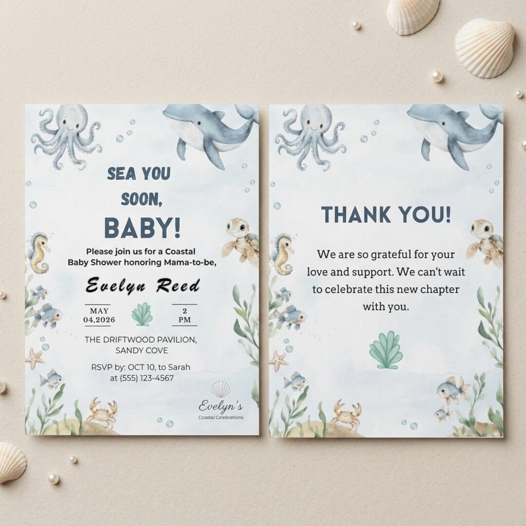 Sea You Soon Coastal Baby Shower Invitation, Editable Nautical Baby ...
