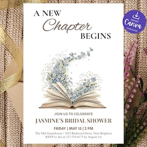 May include: A white bridal shower invitation card featuring the text A NEW CHAPTER BEGINS and JASMINE'S BRIDAL SHOWER. The design includes an open book with a crescent-shaped arrangement of blue and white flowers emerging from the pages.