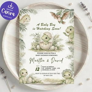 Op de afbeelding: Een uitnodigingskaart voor een babyshower met aquarelillustraties van groene dinosaurussen en tropische bladeren. De tekst luidt: A Baby Boy is Hatching Soon! Please join us for a baby shower honoring: Martha & David, May 13, 9:00pm, 45 Garden Lane, Los Angeles, CA 900.
