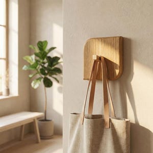 Könnte beinhalten: Ein hölzerner Wandhaken mit einer hellfarbigen Tragetasche, die daran hängt. Der Haken besteht aus hellfarbenem Holz und hat eine quadratische Form mit abgerundeten Ecken. Die Tragetasche ist neutralfarben mit Lederriemen.