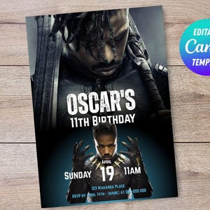 Könnte beinhalten: Eine schwarze und blaue Geburtstagseinladung mit Superhelden-Thema. Die Einladung enthält den Text "OSCAR'S 11TH BIRTHDAY" und Veranstaltungsdetails. Eine kreisförmige Grafik oben rechts lautet "EDITABLE Canva TEMPLATE".