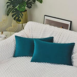 May include: Two teal rectangular cushions sit on a white, textured sofa. The cushions are a solid teal colour and appear to be made of a soft fabric. The sofa is covered in a plush, white material. Decorative items and a framed picture are in the background.