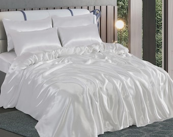 Juego de ropa de cama de seda satinada de 6 piezas, funda nórdica con sábana bajera, 4 fundas de almohada, juego de cama suave y brillante.