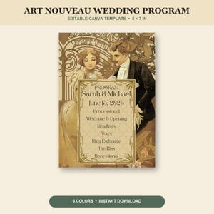 Könnte beinhalten: Eine 12,7 x 17,8 cm große Hochzeitskarten-Vorlage mit einer Illustration eines Paares in festlicher Kleidung. Das zentrale Textfeld zeigt die Namen Sarah & Michael, das Datum 15. Juni 2026 und eine Liste der Zeremonie-Abläufe wie Vows.