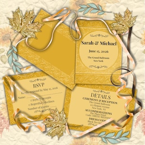 Könnte beinhalten: Hochzeitseinladungs-Suite mit goldgelbem Farbschema. Die Einladung enthält Details für die Hochzeit von Sarah & Michael am 15. Juni 2026 im The Grand Ballroom in New York. RSVP- und Detailkarten sind ebenfalls enthalten.