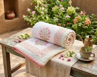 Pink Hand Block Print Cotton Dohar | Indian Floral Boho Double Size Blanket