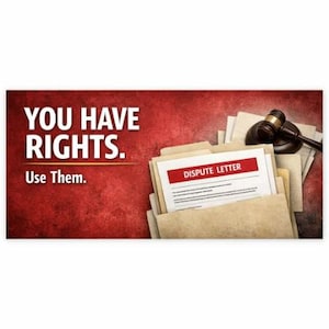 May include: A banner with the text "YOU HAVE RIGHTS. Use Them." on a red background. The image includes a stack of file folders, one labeled "DISPUTE LETTER," and a gavel.