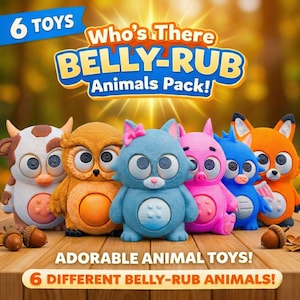 Peut inclure: Six adorables jouets d'animaux aux couleurs vives sont présentés, dont une vache, un hibou, un chat, un cochon, un oiseau bleu et un renard. Le texte sur l'image indique "Who's There BELLY-RUB Animals Pack!" et "ADORABLE ANIMAL TOYS!"