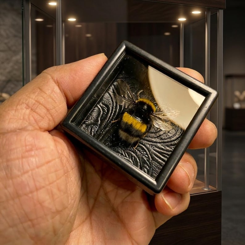 May include: A framed display featuring a preserved bumblebee. The bee has black and yellow stripes and transparent wings. The frame is black and square, with a textured black background. The display is held in a hand.