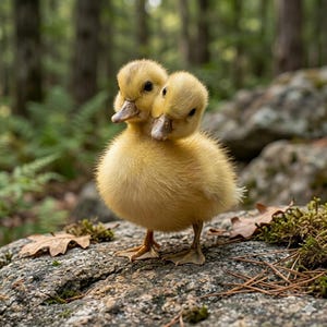 Peut inclure: Un caneton jaune à deux têtes se tient sur un rocher recouvert de mousse. Le caneton a un corps rond, de petits yeux et deux becs. L'arrière-plan est une scène de forêt floue avec un feuillage vert et des troncs bruns.