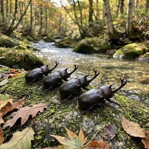 Könnte beinhalten: Fünf dunkelbraune Nashornkäfer mit markanten Hörnern sind auf einem moosbewachsenen Felsen angeordnet. Die Käfer befinden sich vor einem fließenden Bach und sind von Herbstlaub umgeben.