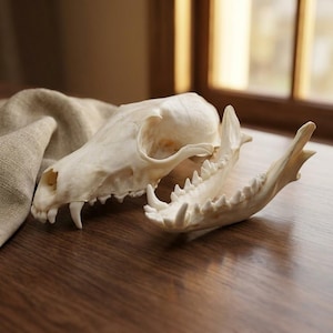 May include: A natural bone canine skull and jawbone, displayed on a wooden surface. The skull is off-white with visible sutures and eye sockets. The jawbone is detached, showing sharp teeth. A tan fabric is partially visible.