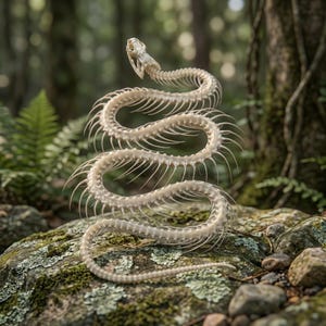 May include: A detailed image of a snake skeleton, showcasing its intricate bone structure. The off-white skeleton is coiled on a moss-covered rock, with a blurred forest background. The snake's skull is visible, adding to the realism of the display.