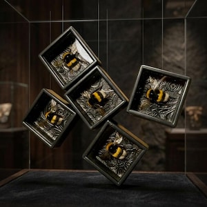 May include: Five square, dark metal frames, each containing a preserved bumblebee. The bees have yellow and black stripes. The frames have ornate, engraved silver-colored backgrounds. The display is set against a dark background.