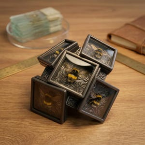 May include: A unique, multi-framed display featuring several preserved bumblebees. Each bee is encased in a small, square, metal-framed box with an ornate, engraved background. The bees have black and yellow markings. The display sits on a wooden surface.