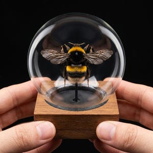 May include: A preserved bumblebee encased in a clear glass dome, mounted on a wooden base. The bee has black and yellow stripes, with detailed wings. The dome is held in place by a small wooden stand. The background is black.