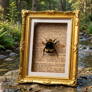 May include: A gold-colored ornate picture frame containing a page from a dictionary with a preserved bumblebee mounted on top. The bee has black and yellow fuzzy stripes and translucent wings, positioned over printed text columns on aged paper.