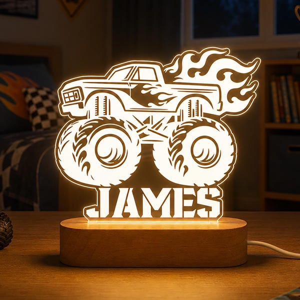 Personalized Monster Truck Night Light, Custom Name LED Lamp for Boys Room, Monster Truck Nursery Decor, Kids Bedroom Light, Birthday Gift