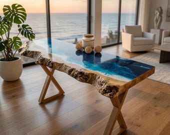 Mesa consola personalizada con borde natural, mesa consola moderna, mesa consola con diseño de olas del océano, mesa consola estrecha, mesa consola para recibidor.