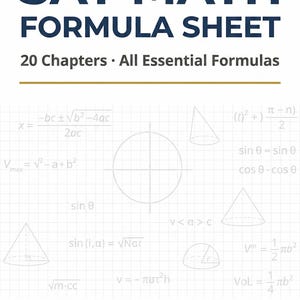 Op de afbeelding: Een wit formuleblad voor de SAT-wiskundetest. De titel "SAT MATH FORMULA SHEET" is marineblauw. Het blad bevat wiskundige formules, diagrammen en de tekst "20 hoofdstukken • Alle essentiële formules". Het boek is een bestseller.